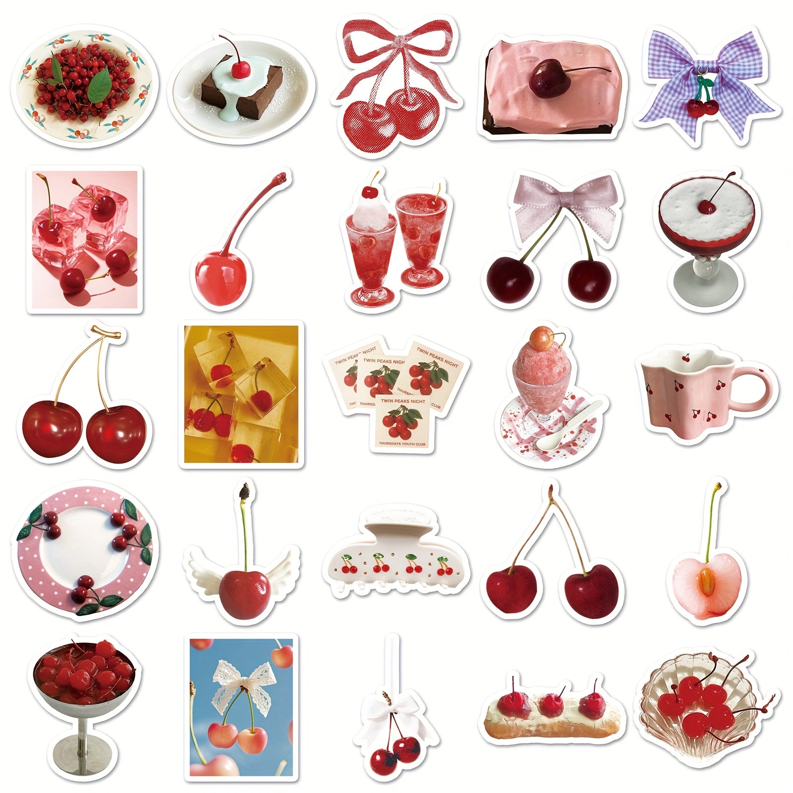 50pcs Cherry Themed Vinyl Stickers Red & Cartoon for Scrapbooking DIY Projects