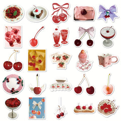 50pcs Cherry Themed Vinyl Stickers Red & Cartoon for Scrapbooking DIY Projects