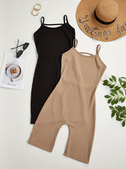 2pcs Solid Ribbed Pajama Rompers Crew Neck Backless Pajamas