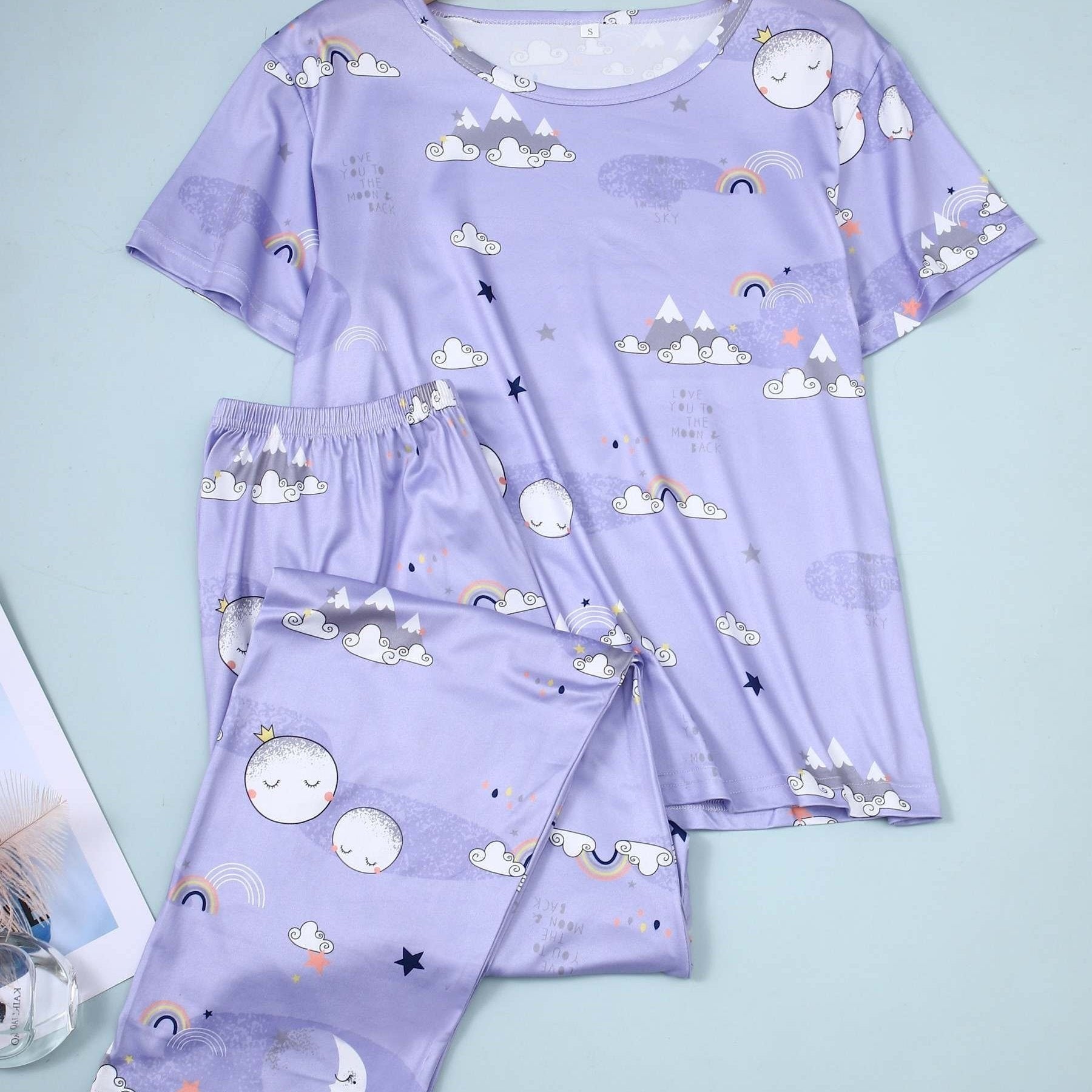 Rainbow & Moon Print Pajama Set Short Sleeve Top & Pants