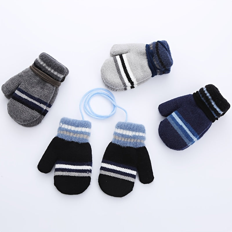 Striped Kids Wool Gloves, Double Layer Mittens