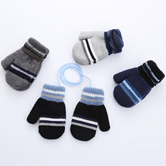 Striped Kids Wool Gloves, Double Layer Mittens