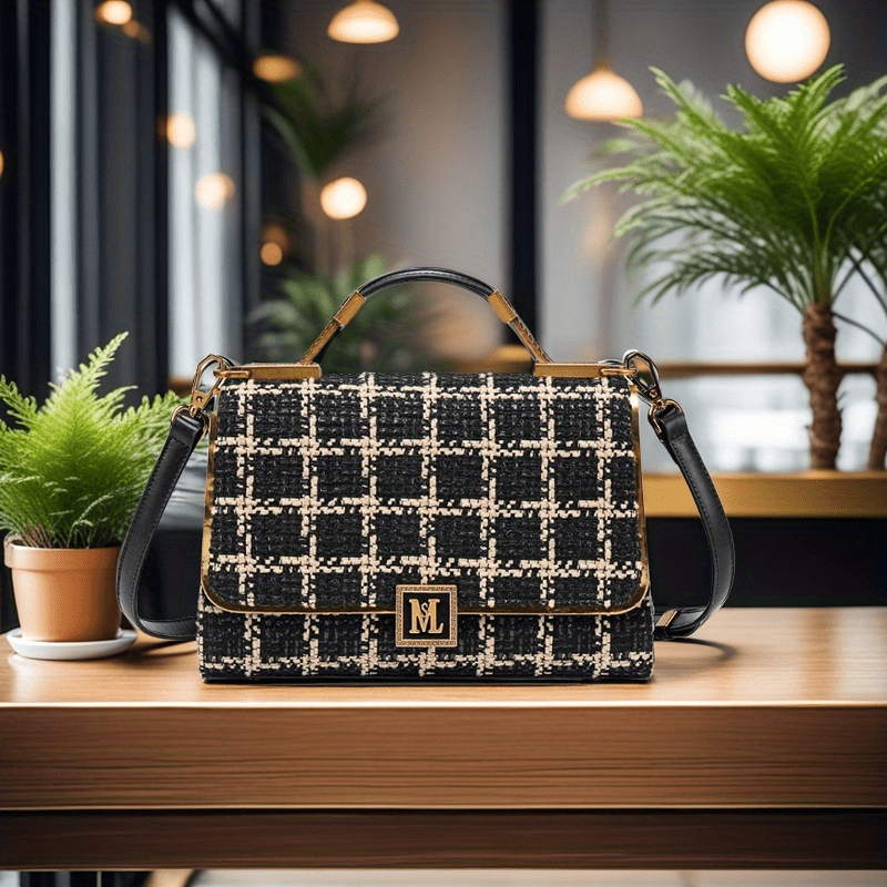 Houndstooth Split Leather Top Handle Shoulder Bag
