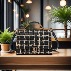 Houndstooth Split Leather Top Handle Shoulder Bag