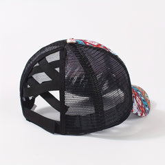 Vintage Ponytail Trucker Hat Boho Geometric Print Baseball Cap