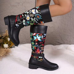 Women's Floral Print Waterproof High Top Boots