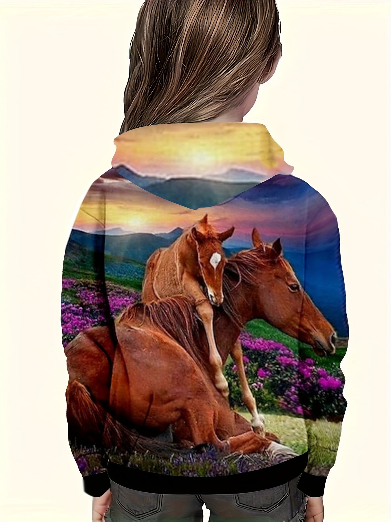 3D Horse Graphic Hoodie Long Sleeve Breathable Pullover For Kids