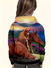 3D Horse Graphic Hoodie Long Sleeve Breathable Pullover For Kids