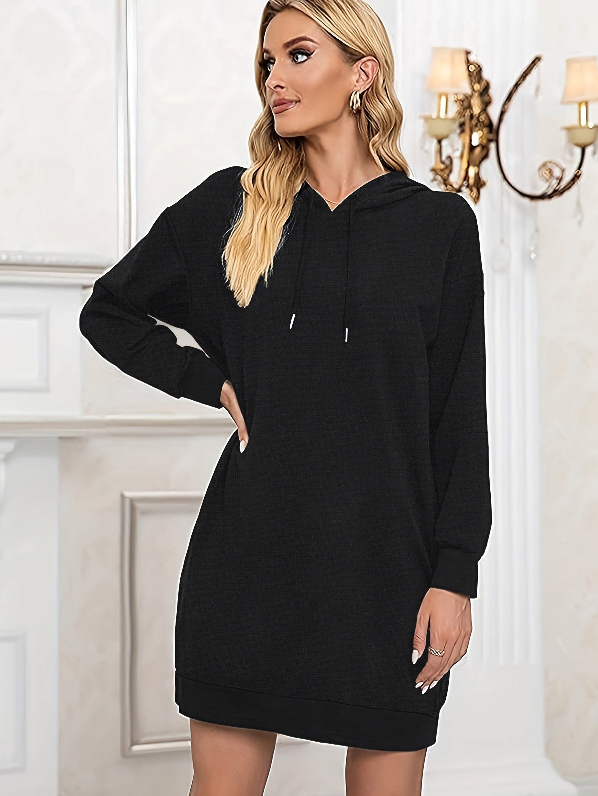 Solid Mid Length Pocket Hoodie Casual Long Sleeve Drawstring Hoodies
