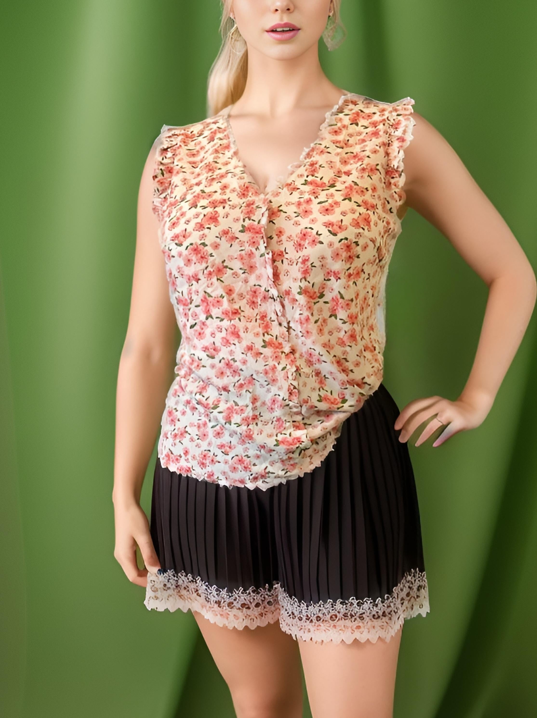 Floral Print Ruffle Trim V Neck Blouse