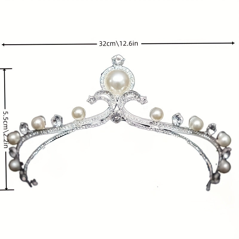 Faux Pearl Silvery Headband Rhinestone Crown Bridal Hair Accessory