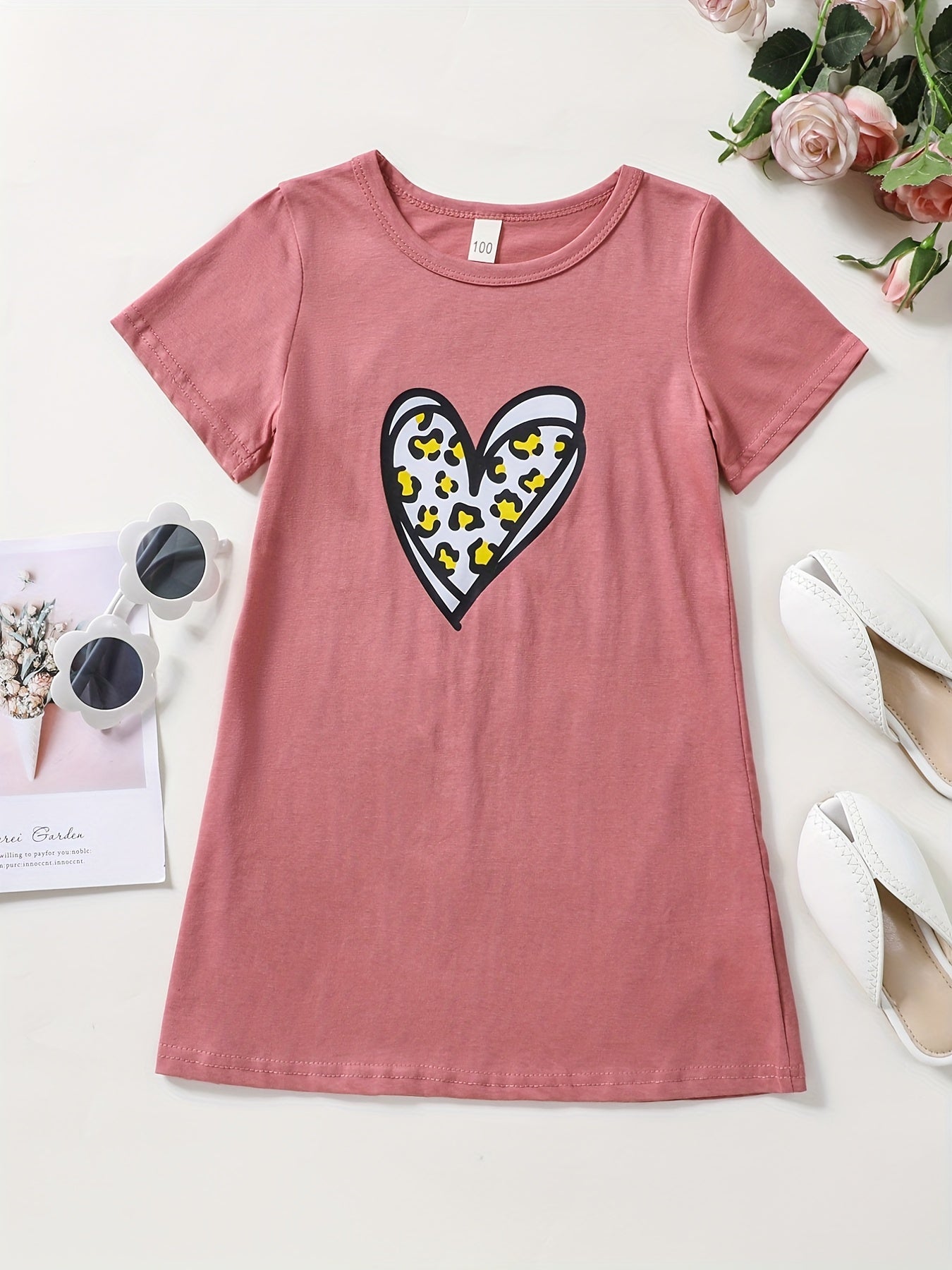 Girls Short Sleeves Leopard Heart Graphic Casual Tees Dress