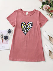 Girls Short Sleeves Leopard Heart Graphic Casual Tees Dress