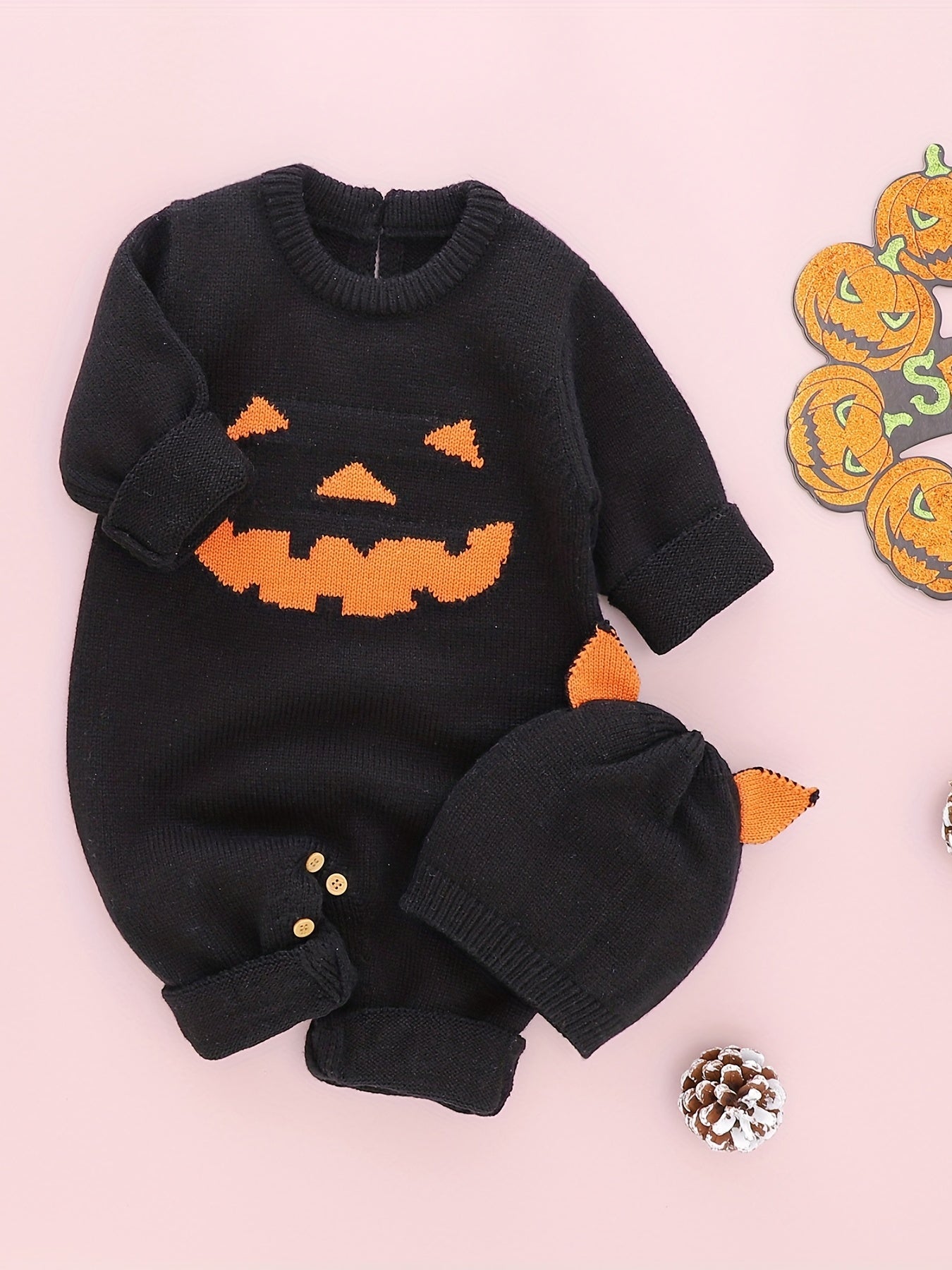 Baby Pumpkin Graphic Knit Bodysuit & Hat Set