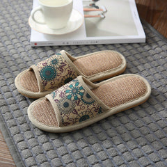 Women's Floral Linen Slides Open Toe Rattan Flat Shoes
