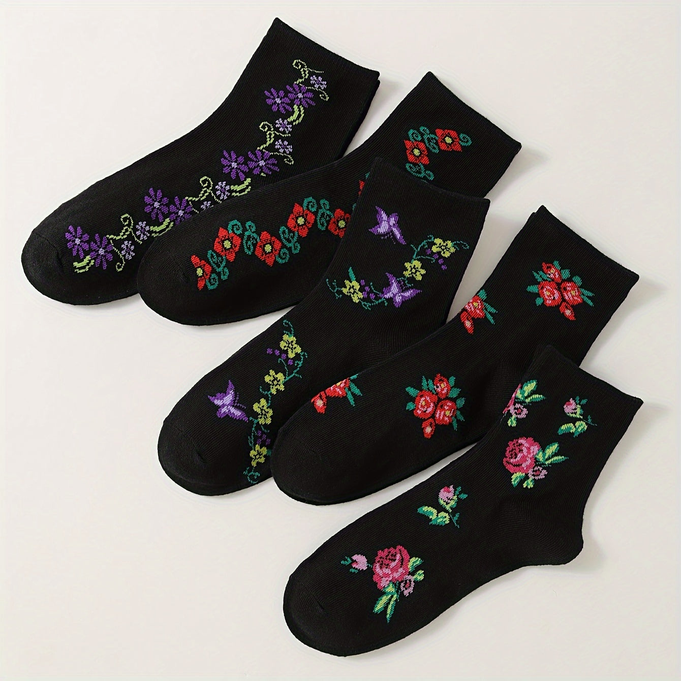 5 Pairs Floral Print Socks Women's Mid Tube Stockings Comfy & Breathable