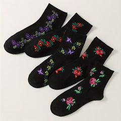 5 Pairs Floral Print Socks Women's Mid Tube Stockings Comfy & Breathable