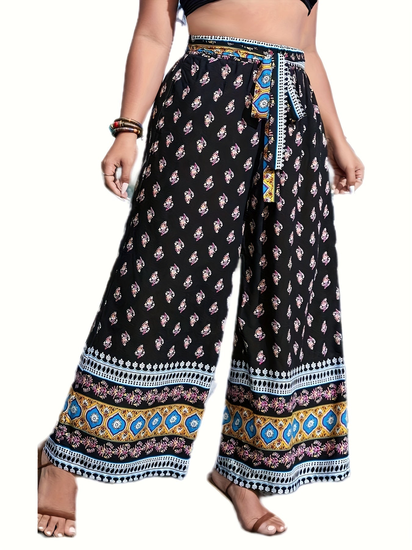 Boho Pants Women's High Rise Loose Fit Wide Leg Trousers With Belt