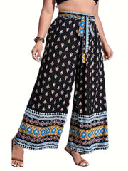 Boho Pants Women's High Rise Loose Fit Wide Leg Trousers With Belt