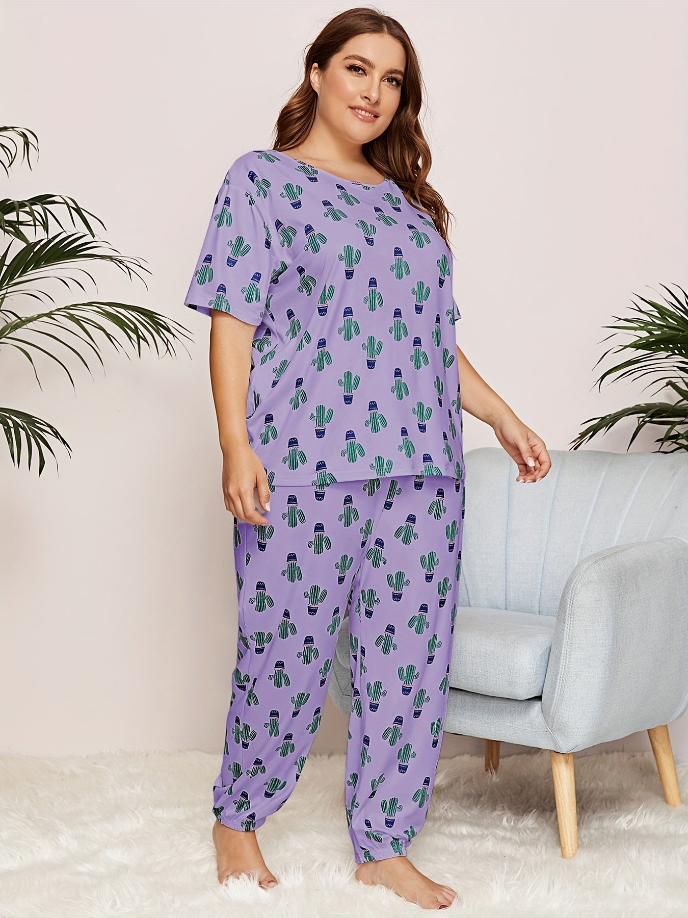 Cactus Print Pajama Set Short Sleeve Top & Pants Two Piece Set