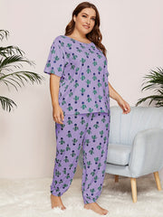 Cactus Print Pajama Set Short Sleeve Top & Pants Two Piece Set