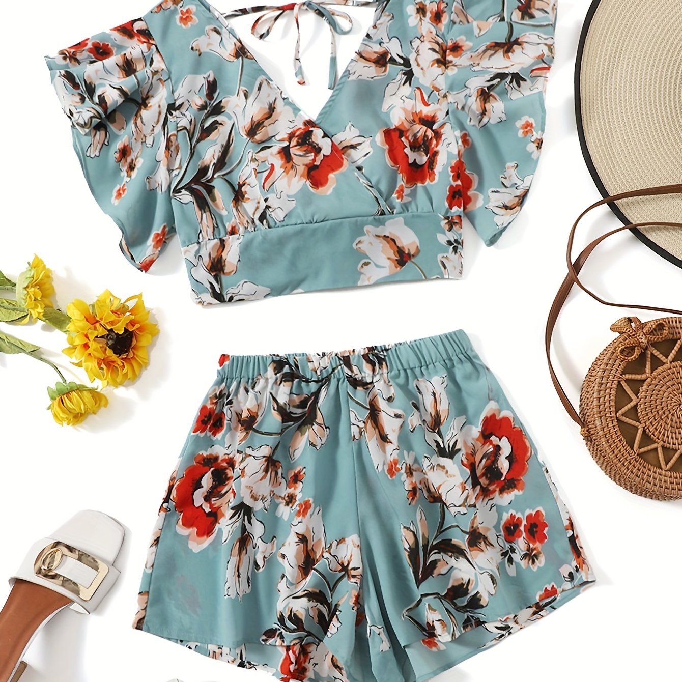 Vintage Floral Print 2pc Set V Neck Ruffle Trim Tops & Elastic Waist Shorts