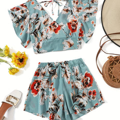 Vintage Floral Print 2pc Set V Neck Ruffle Trim Tops & Elastic Waist Shorts