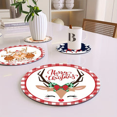 4pcs Christmas Reindeer Printed Cup Mat Diatomaceous Earth Water Absorbing Mat