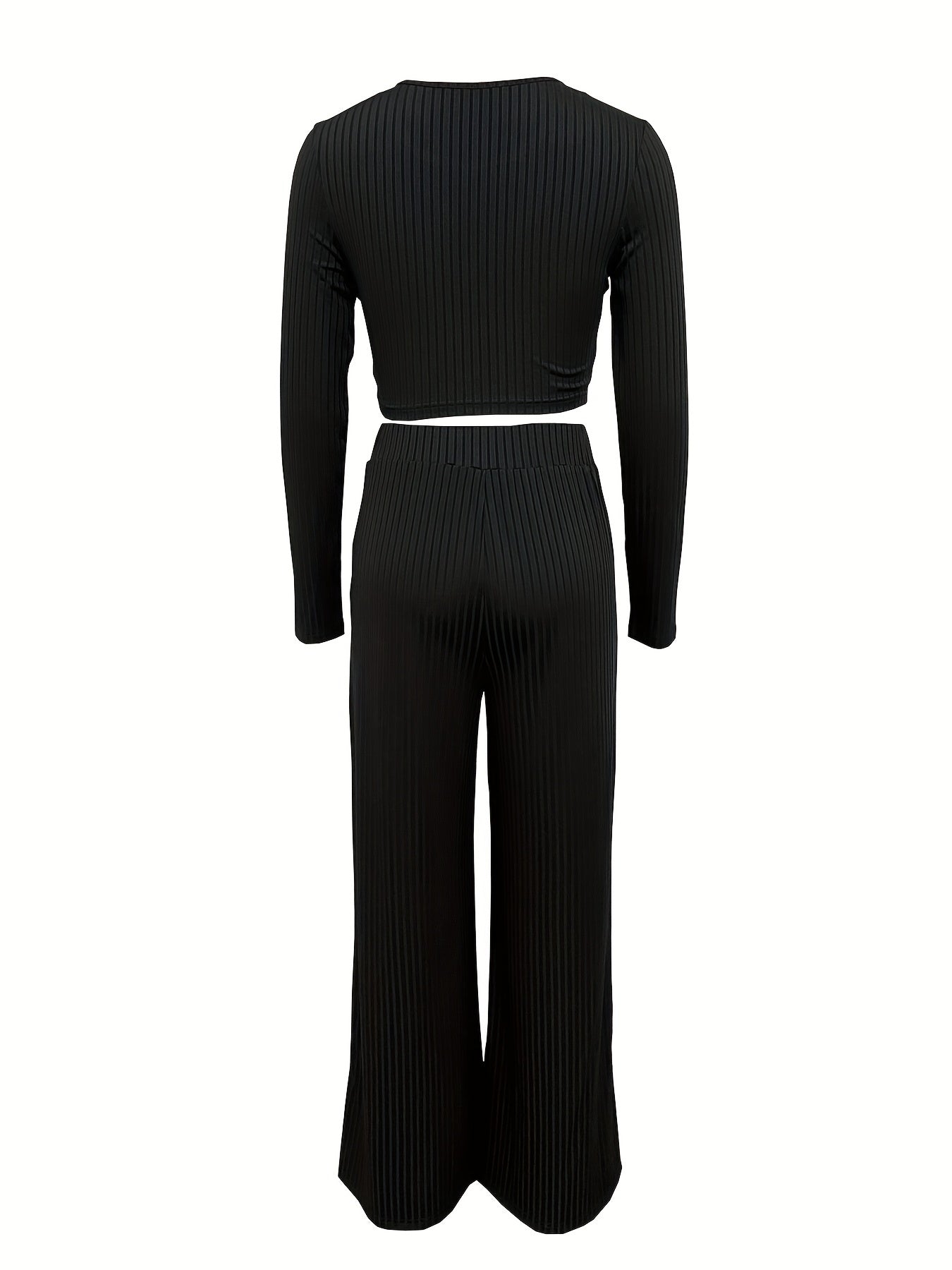 Casual Two piece Set Crew Neck Long Sleeve Tops & High Waist Wide Leg Pants