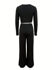 Casual Two piece Set Crew Neck Long Sleeve Tops & High Waist Wide Leg Pants