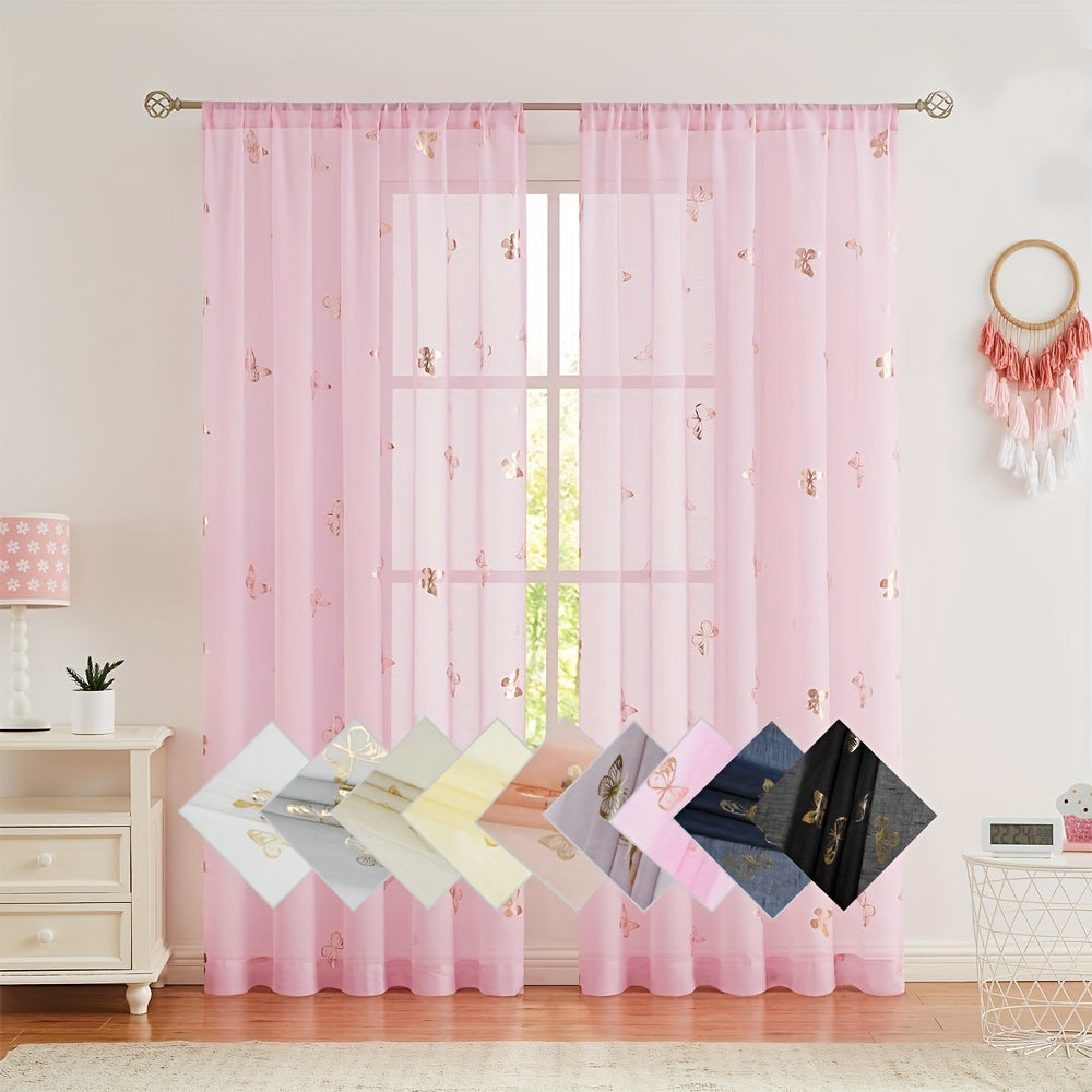2 Panels Golden Butterfly Sheer Curtain Romantic Lovely Translucent Curtains