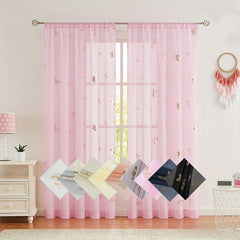 2 Panels Golden Butterfly Sheer Curtain Romantic Lovely Translucent Curtains