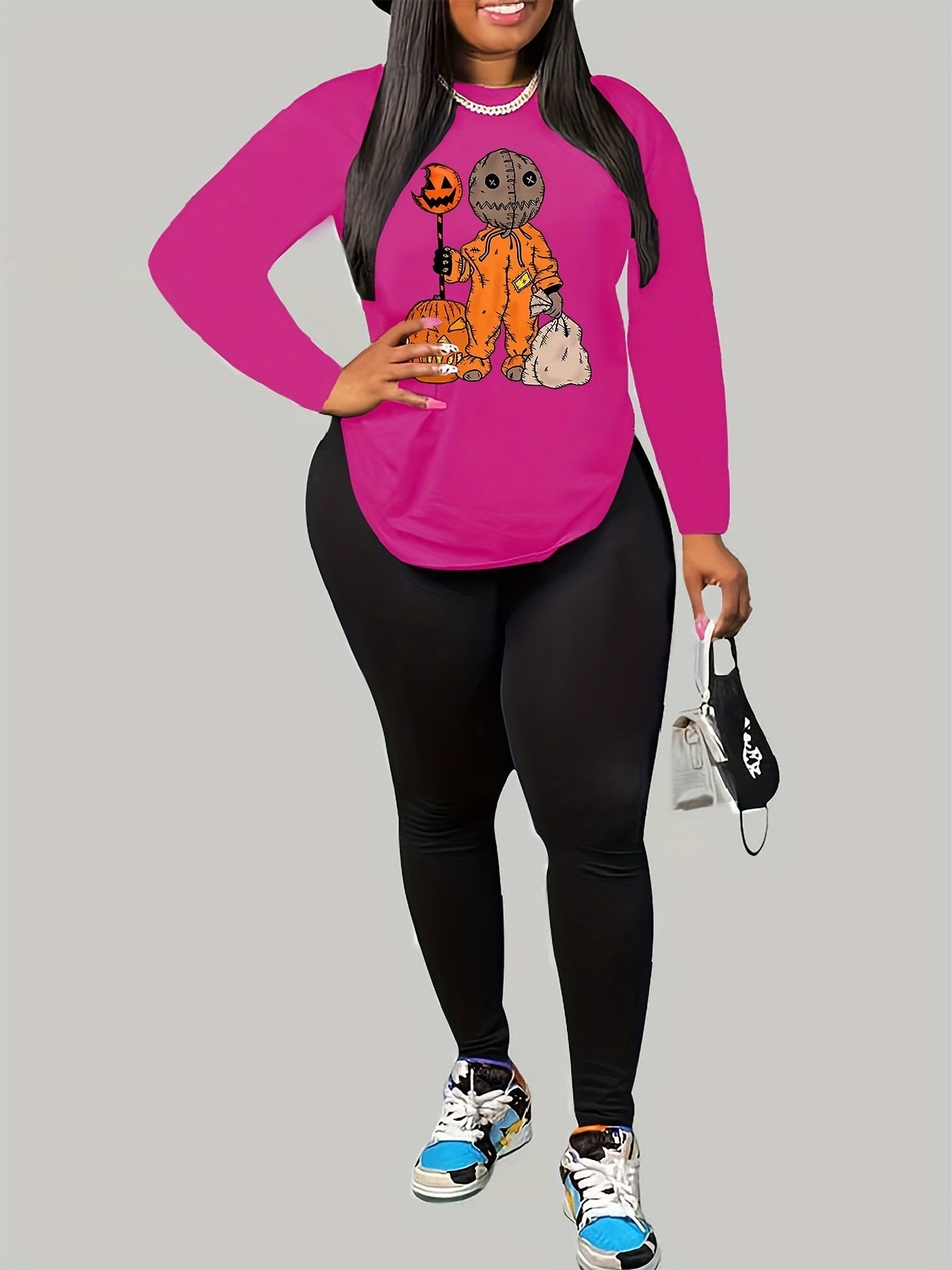 Women's Plus Pumpkin & Cartoon Print 2 Piece Set