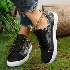 Women's Denim Flat Sneakers Lace Up & Zipper Low Top Shoes