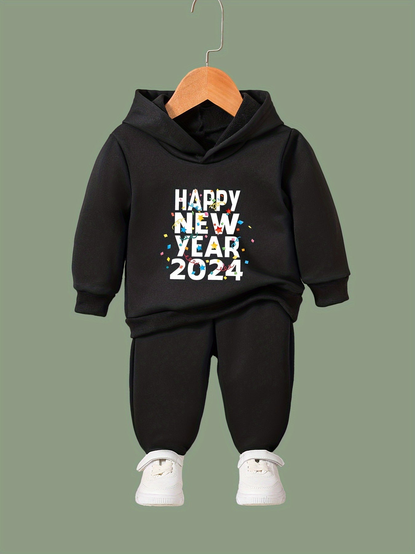 Girls 2pcs Happy Year Hooded Sweatshirt Solid Sweatpants Set