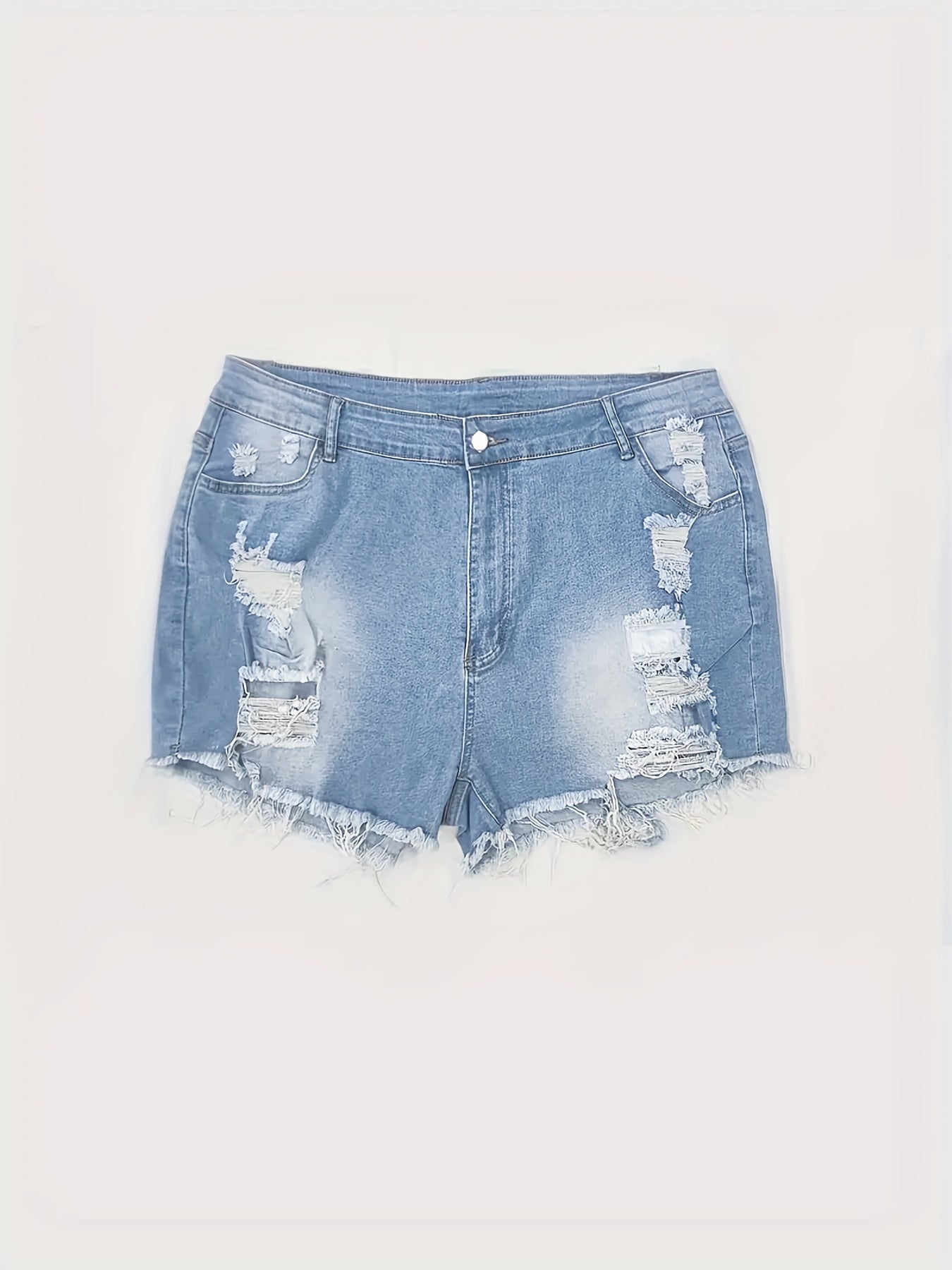 Washed Ripped Denim Shorts High Cut Button Fly