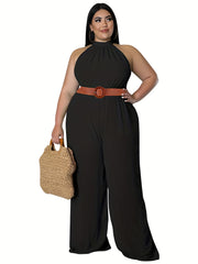 Paisley Print Halter Neck Wide Leg Jumpsuit Plus Size Medium Stretch