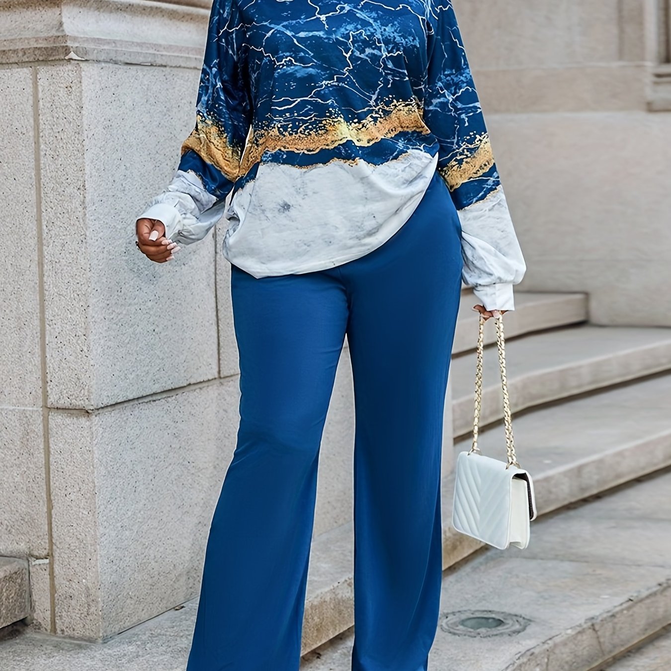 Women's Plus Marble Print Top & Pants Outfits Set