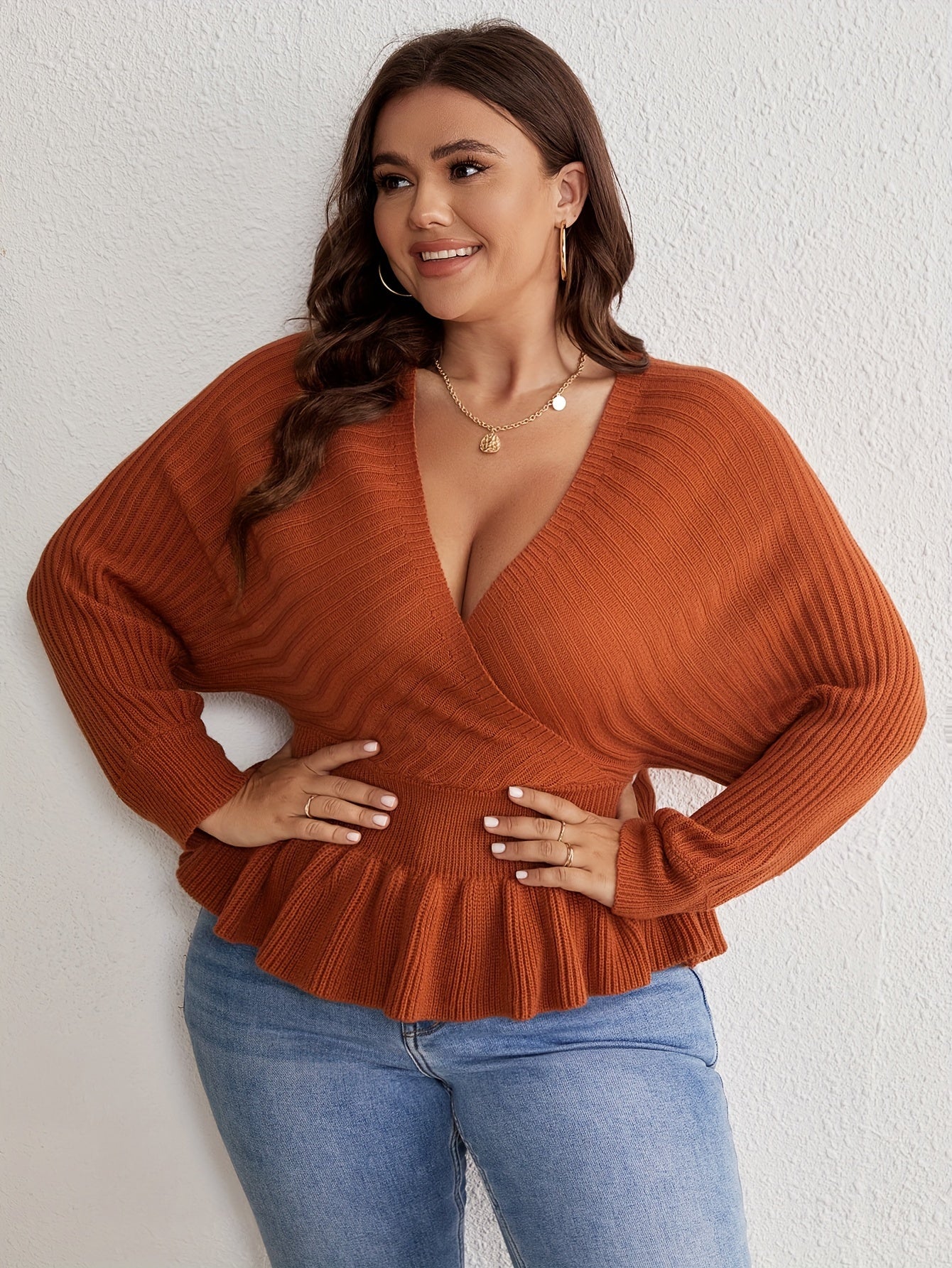 Solid Long Sleeve Ruffle Trim Sweater