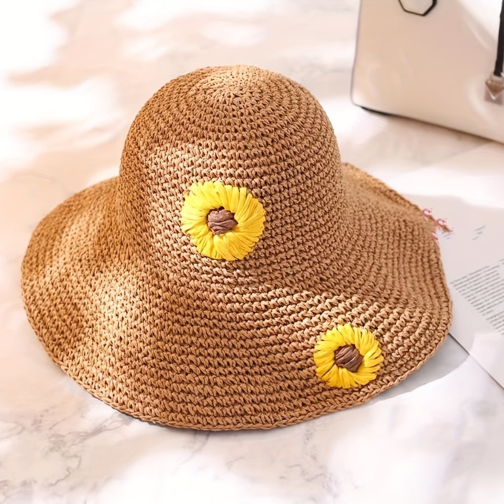 Sunflower Crochet Straw Sun Hat Wide Brim UV Protection Adjustable Basin Hat