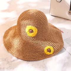 Sunflower Crochet Straw Sun Hat Wide Brim UV Protection Adjustable Basin Hat