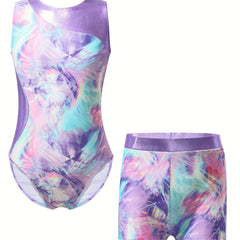 Girls 2pc Gymnastics Training Sets Sleeveless Athletic Jumpsuit & Shorts