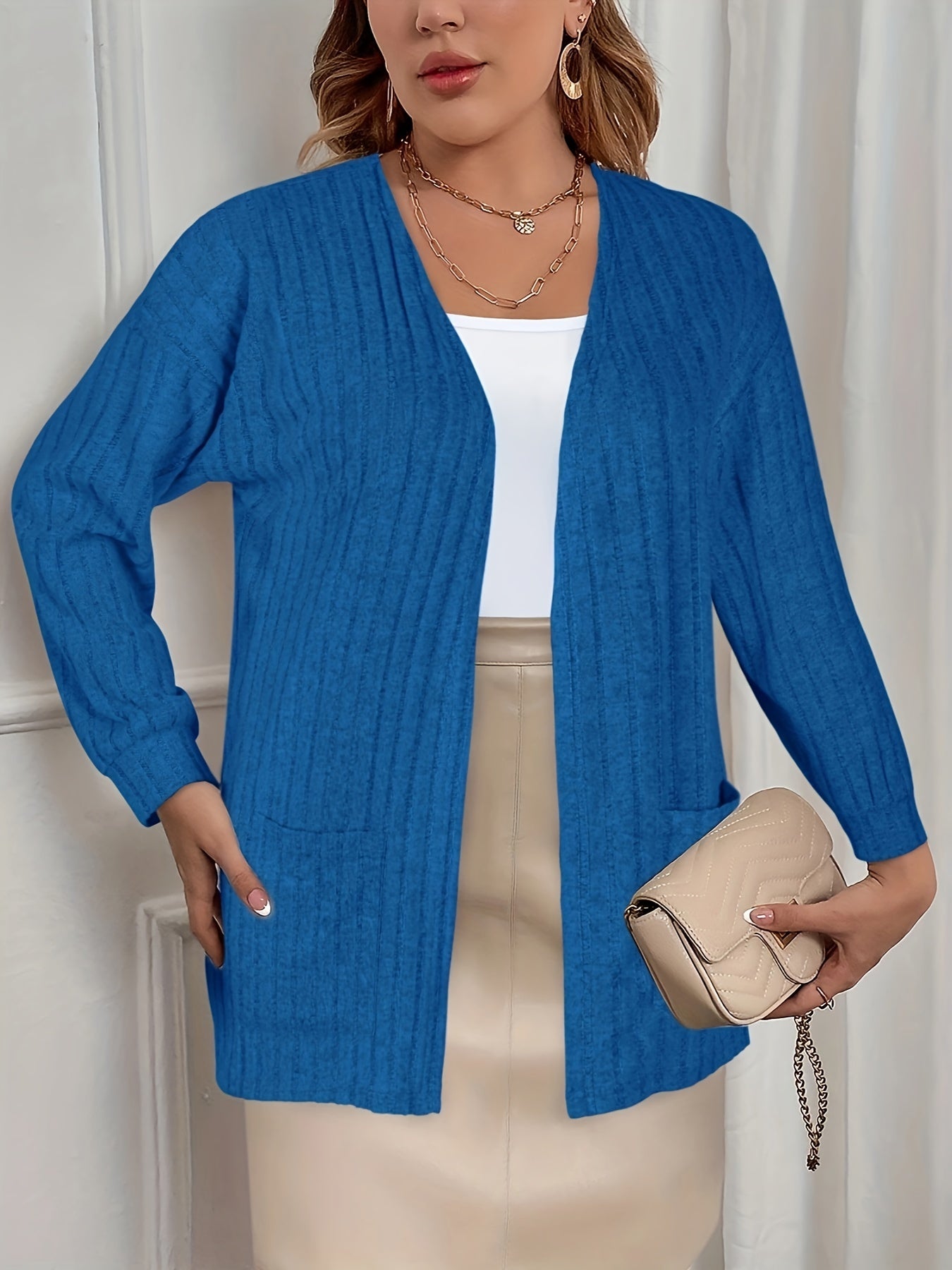 Solid Ribbed Long Sleeve Open Front Stretch Cardigan