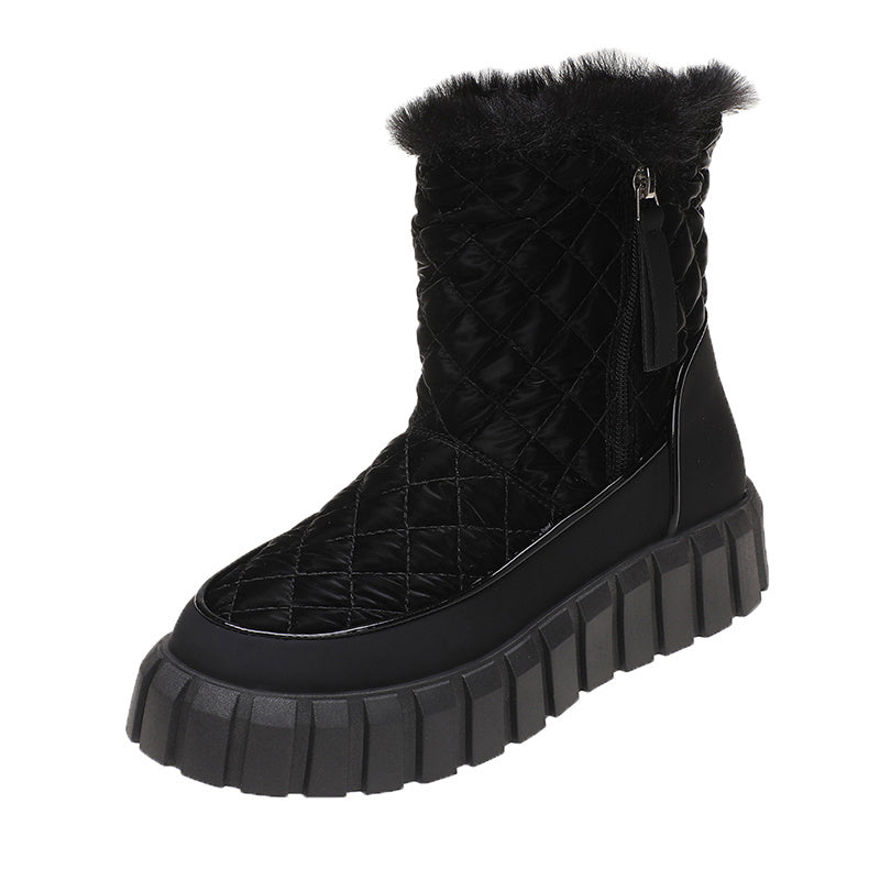 Quilted Argyle Round Toe Snow Boots Faux Fur Lined Thick Sole Ankle Boots