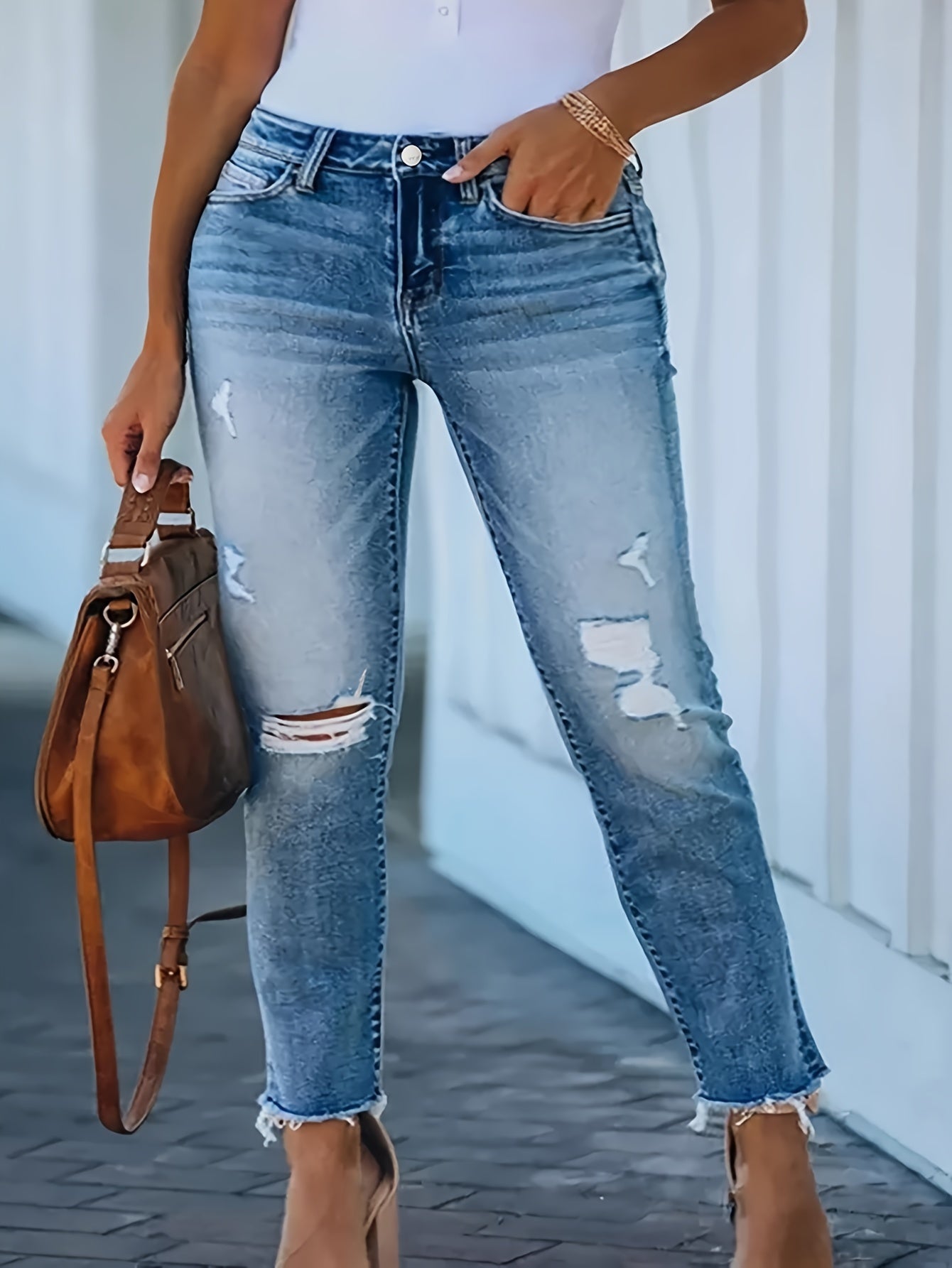 Casual Jeans High Stretch Ripped Raw Trim Button Fly