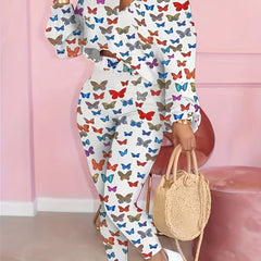 Butterflies Print Casual Two piece Set Notched Neck Crop Top & Elastic Waist Pan