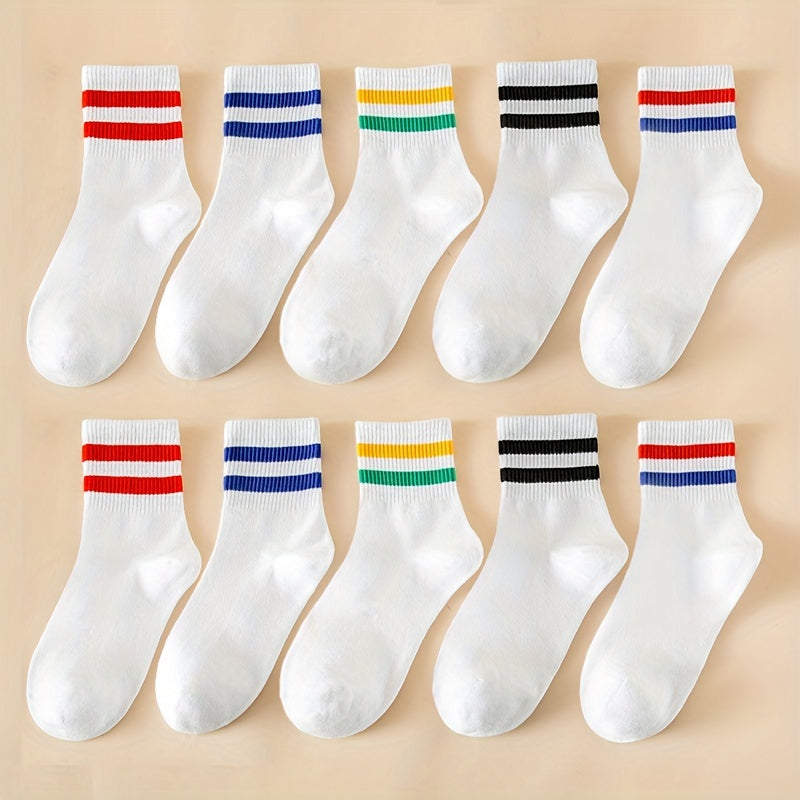 10 Pairs Striped Sports Socks Comfy & Breathable All match Socks Women's
