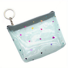 Clear Heart Decor Coin Purse With Keychain Mesh Cosmetic Bag Zipper Wallet