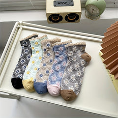 5 Pairs 3D Floral Textured Socks Retro Court Style Ruffle Short Socks