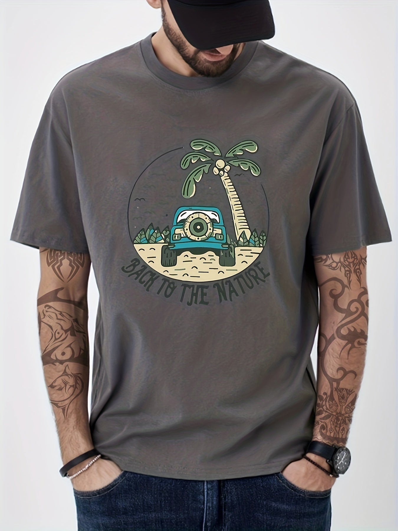 Cotton Beach Print Men's Crew Neck Tshirt Casual Tees for Summer